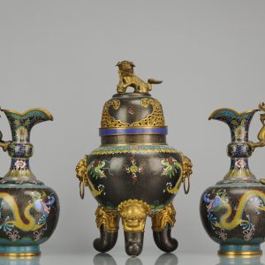 Antique 1900-1930 Cloisonne Incense Burner and Jugs Garniture Antique China Chinese