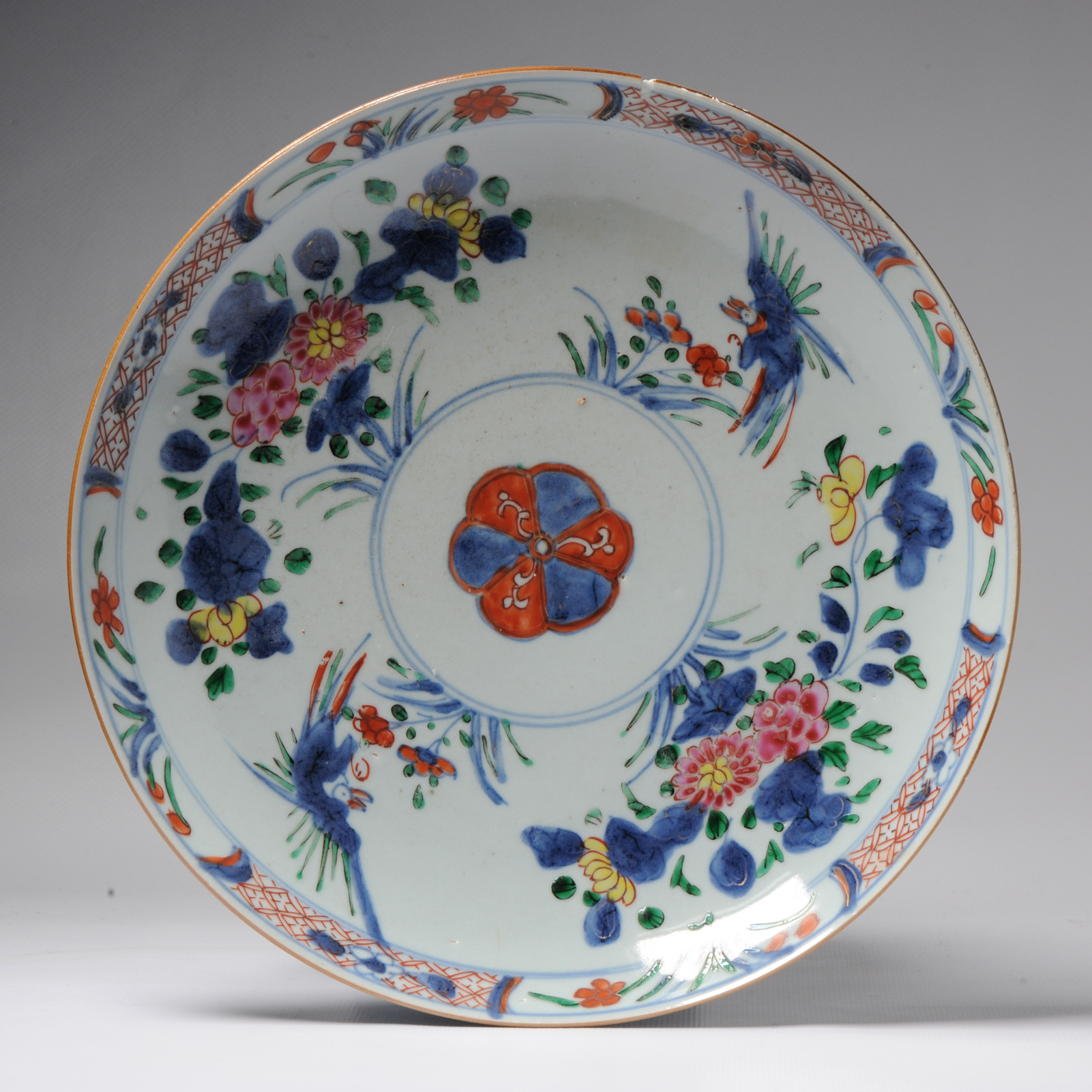 Large Antique 18C Chinese Porcelain Imari Verte Serving dish Birds