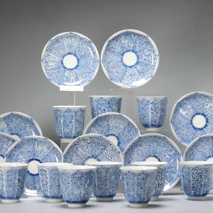 Antique Japanese Porcelain 19C Tea Dish and Bowl Blue and White Zoshuntei Sanpo