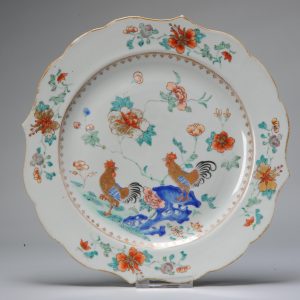 28CM Antique Ca 1745 Chinese porcelain Dish Cocks in Garden Scene China