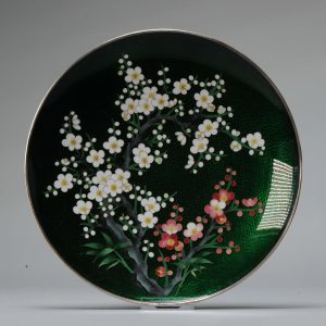 Lovely green cloisonne enamel Flower plates Meiji era (1868-1912)