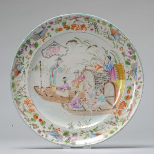 Antique 19C Chinese porcelain Cantonese Armorial Plate River scene Boats