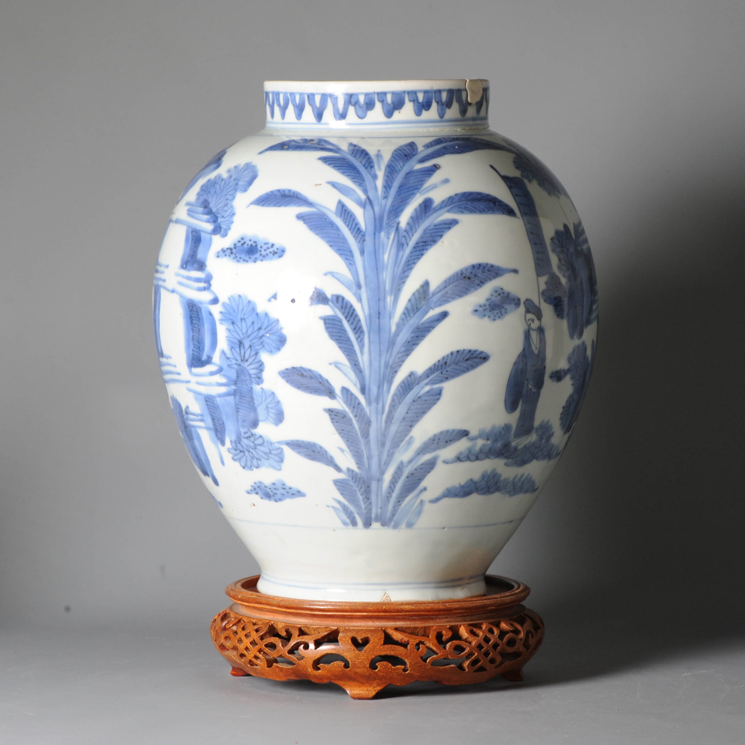 Antique Edo Period 17C Japanese Porcelain Arita Jar Flowers Figures Landscape