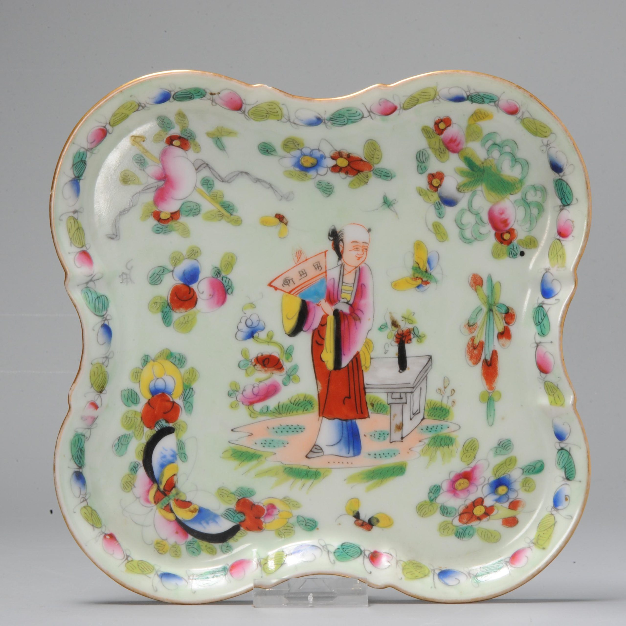 Antique 19C Bayeux French porcelain Cantonese dish Figure in Garden