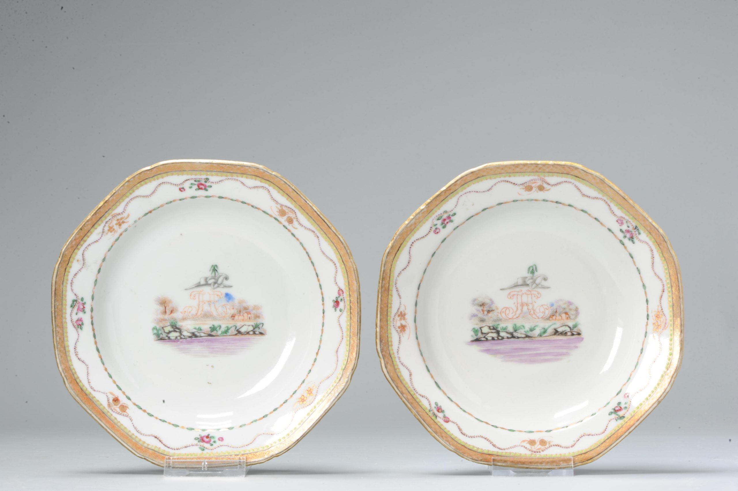 Pair Antique Chinese Armorial Dishes Porcelain Jiaqing Period Landscape Famile Rose