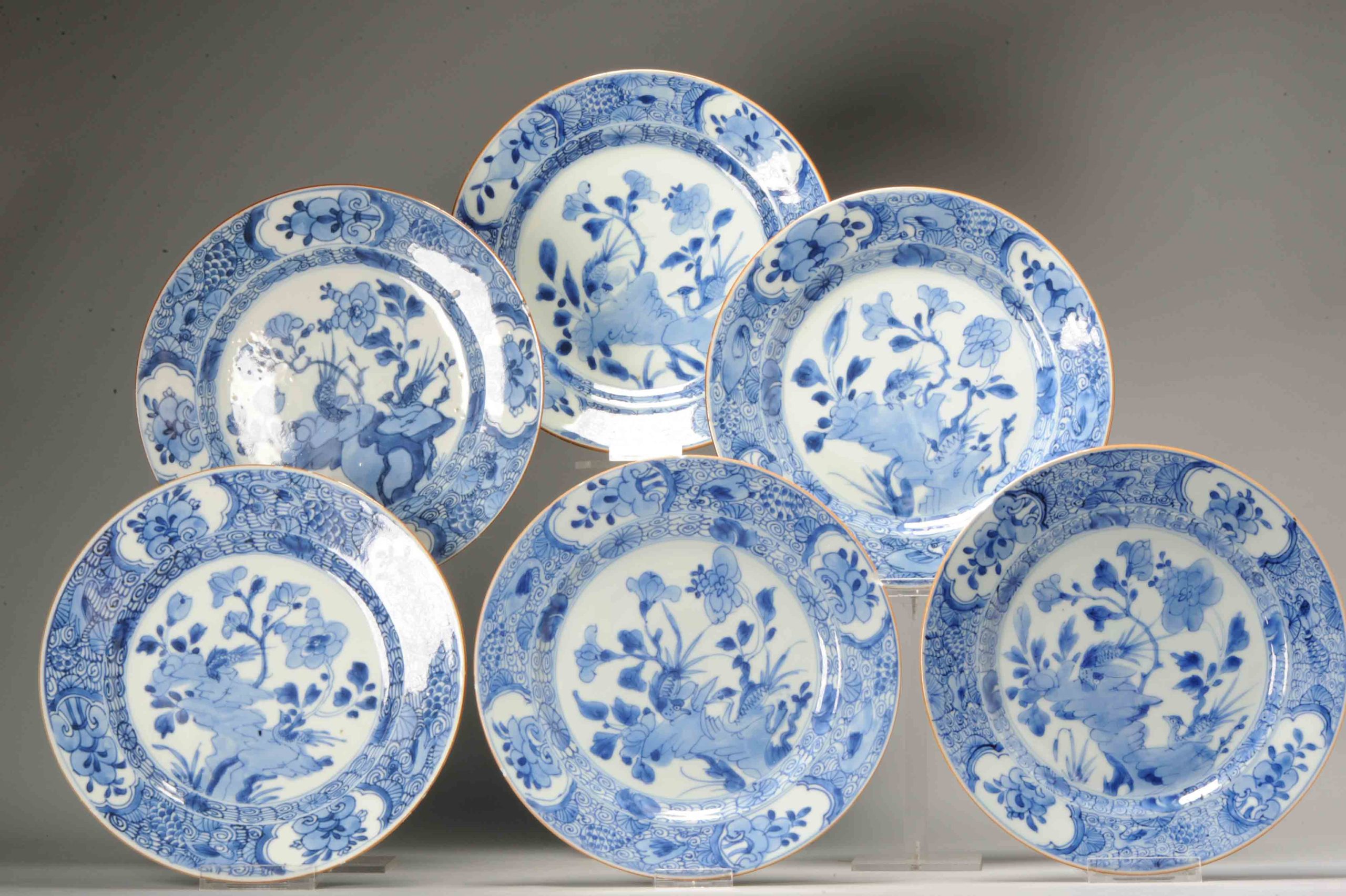 #6 Antique Chinese Porcelain 18th C Kangxi/Yongzheng Blue White Set Dinner Plates