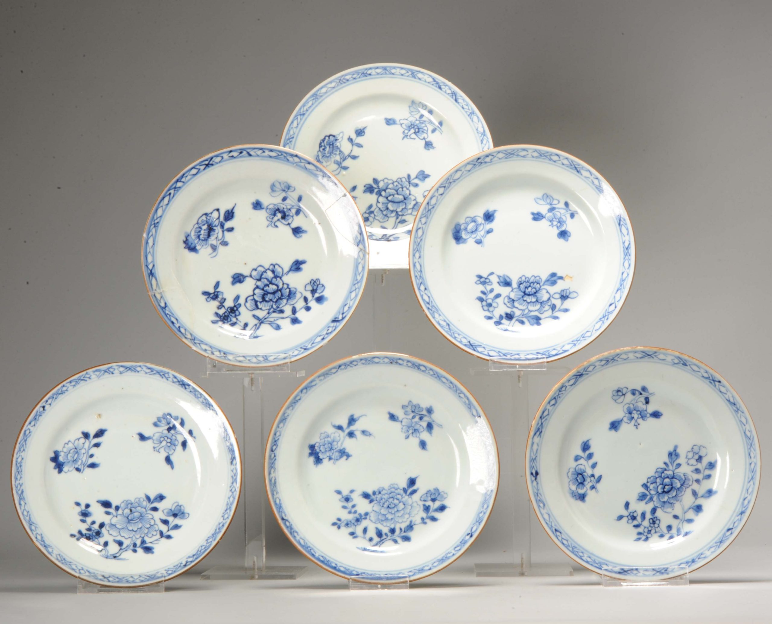 #6 Antique Chinese Porcelain 18th C Kangxi/Yongzheng Blue White Set Porridge Dinner Plates