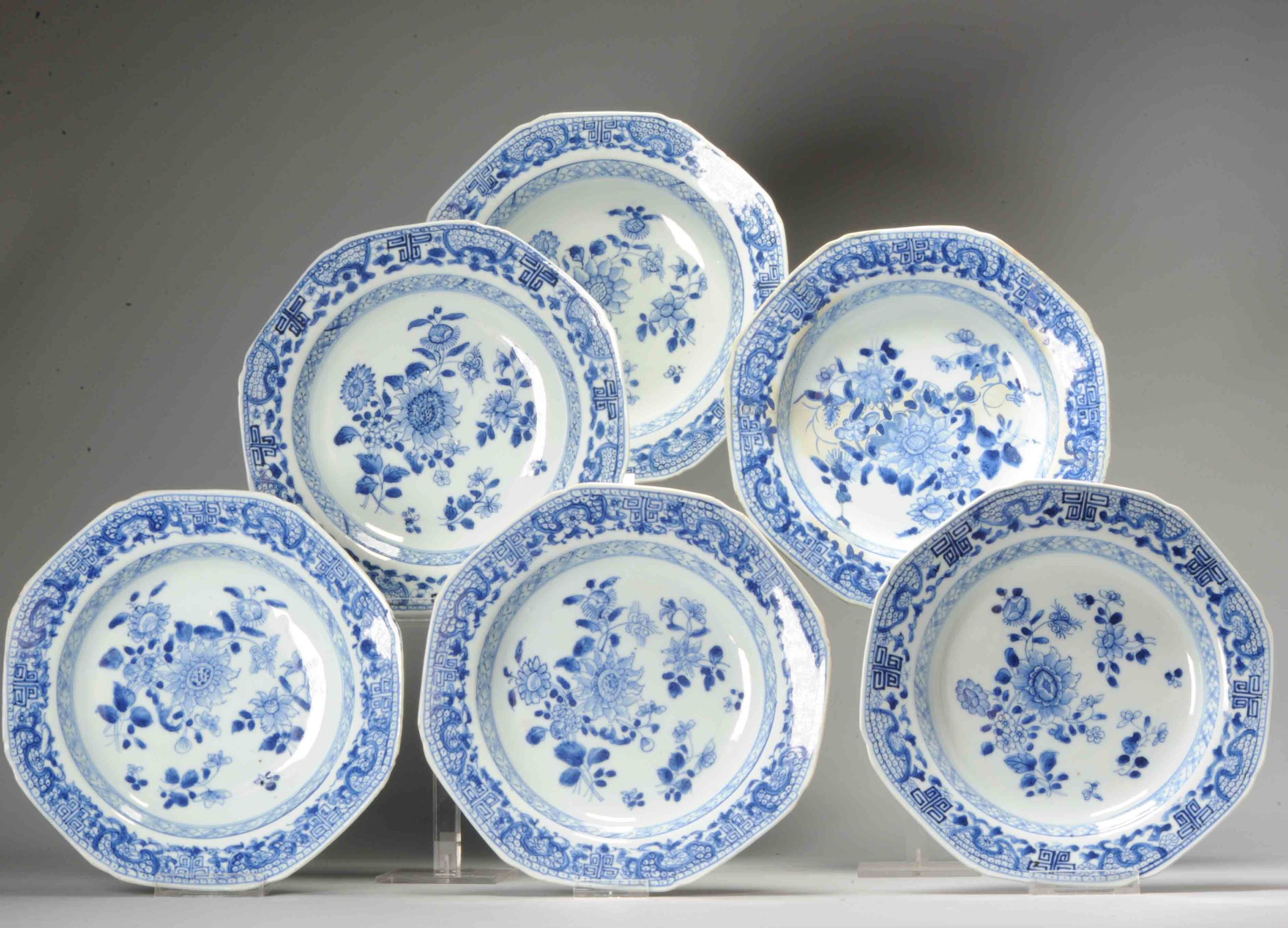 #6 Antique Chinese Porcelain 18th C Yongzheng/Qianlong Blue White Set Dinner Plates