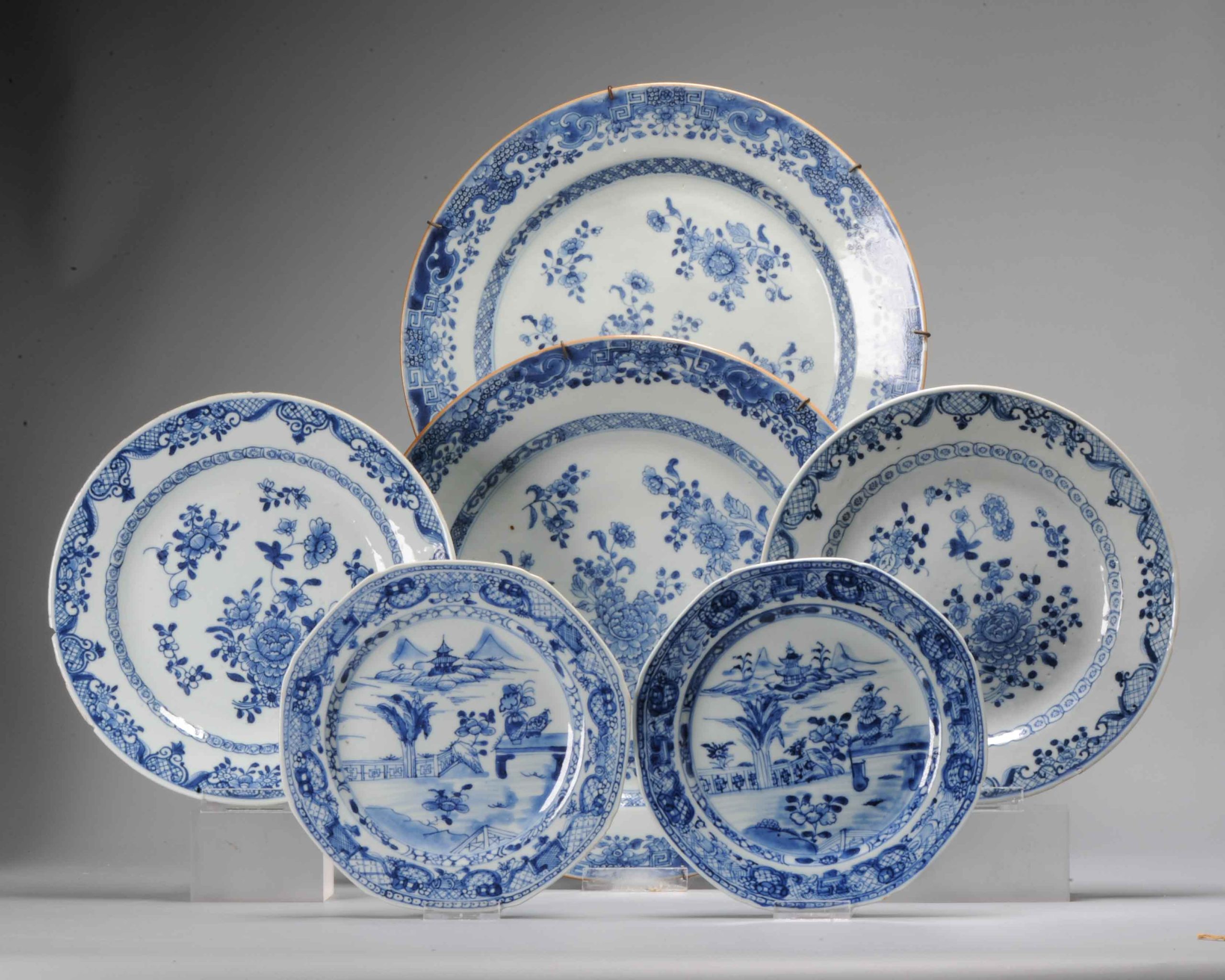 #6 Antique Chinese Porcelain 18th C Yongzheng/Qianlong Blue White Set Dinner Plates