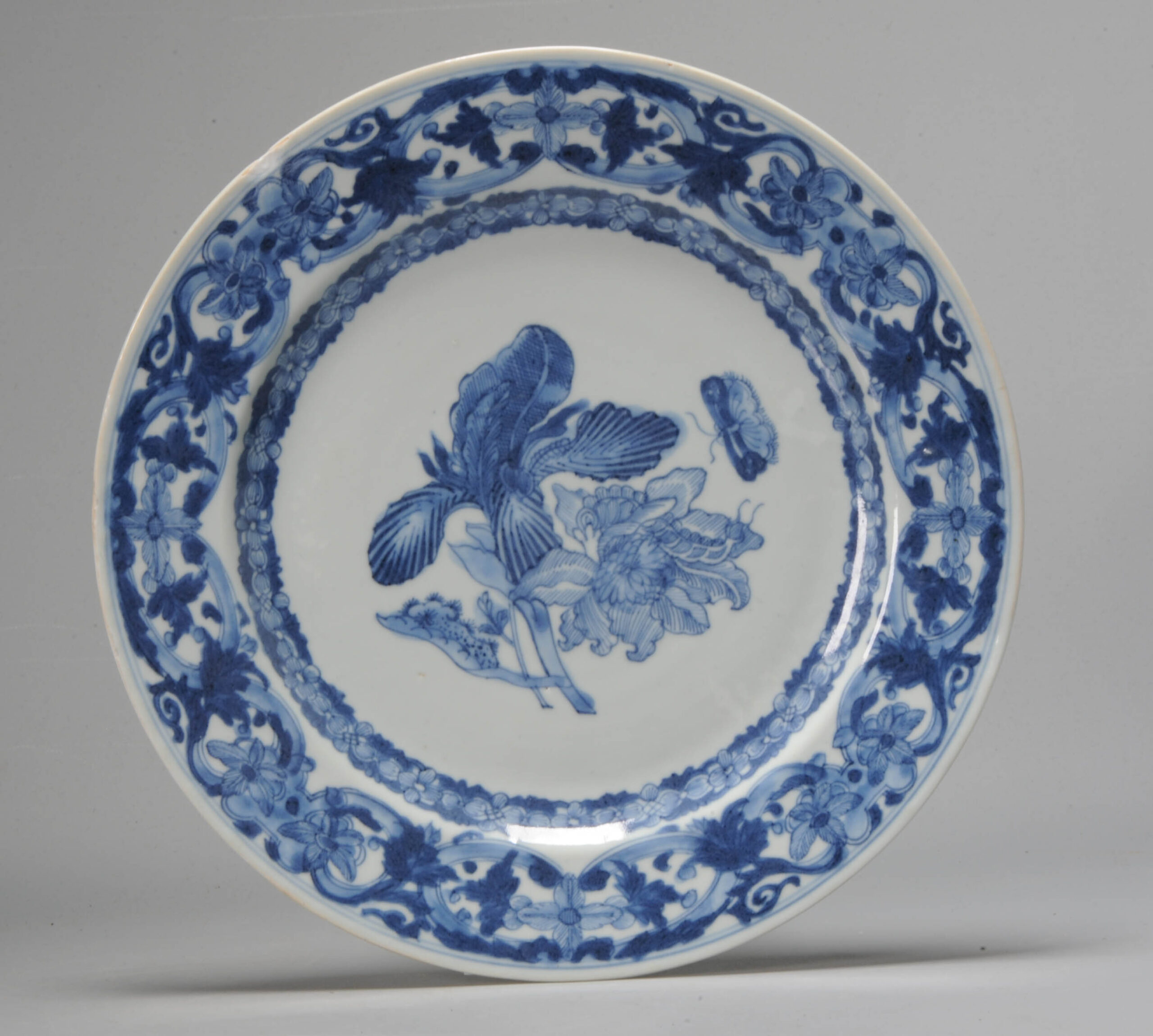Antique Cobalt Blue Dish 18C Floral decoration Maria Sibylla Merian Chinese porcelain