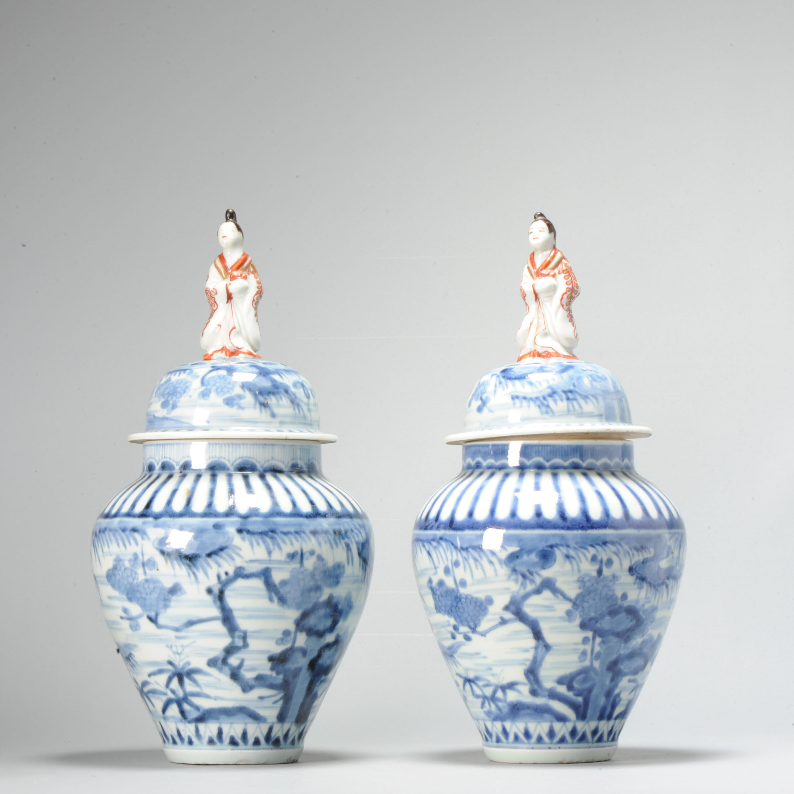 Antique Edo Period 17/18C Japanese Arita Vases with Figure Finials and landscape