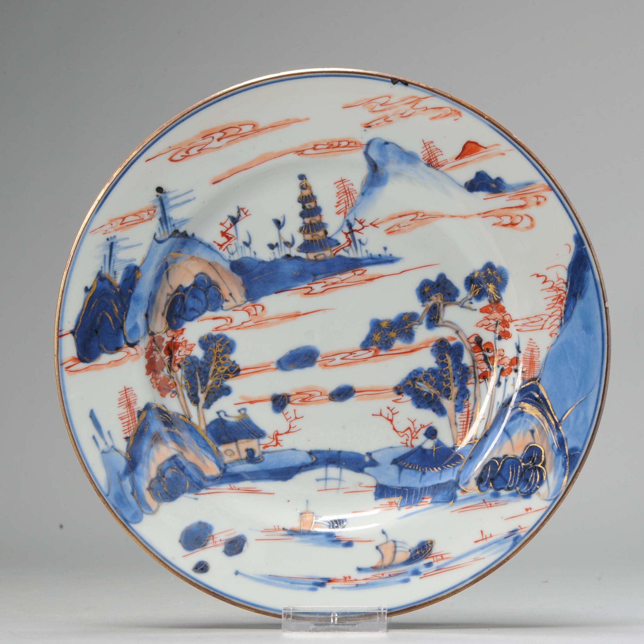 A Rare Kangxi Period Chinese Porcelain 18th c Imari Landscape Plate Dish Antique
