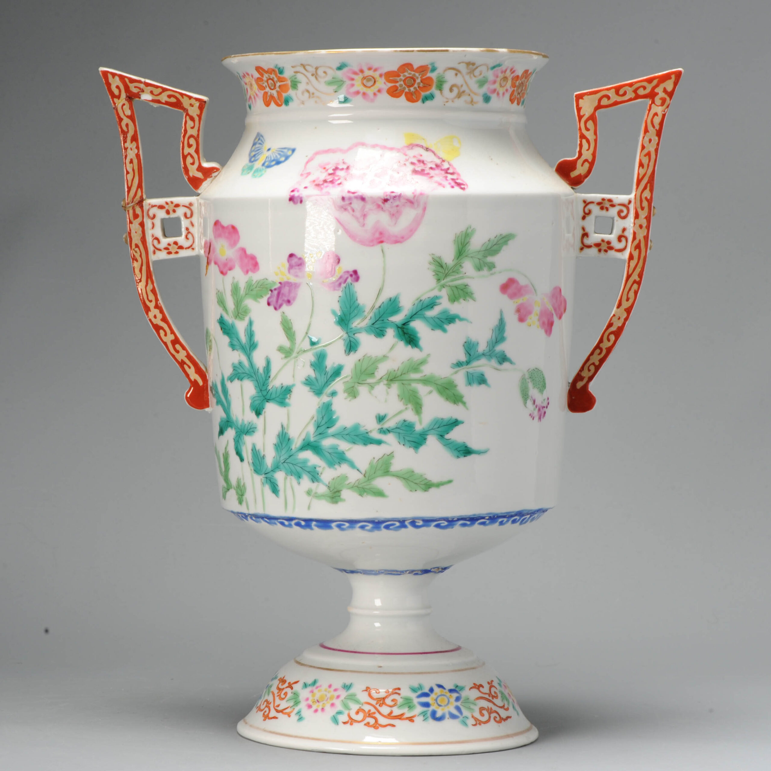 Antique 19th c Meiji Japanese Beaker Vase Porcelain Arita Japan Rose