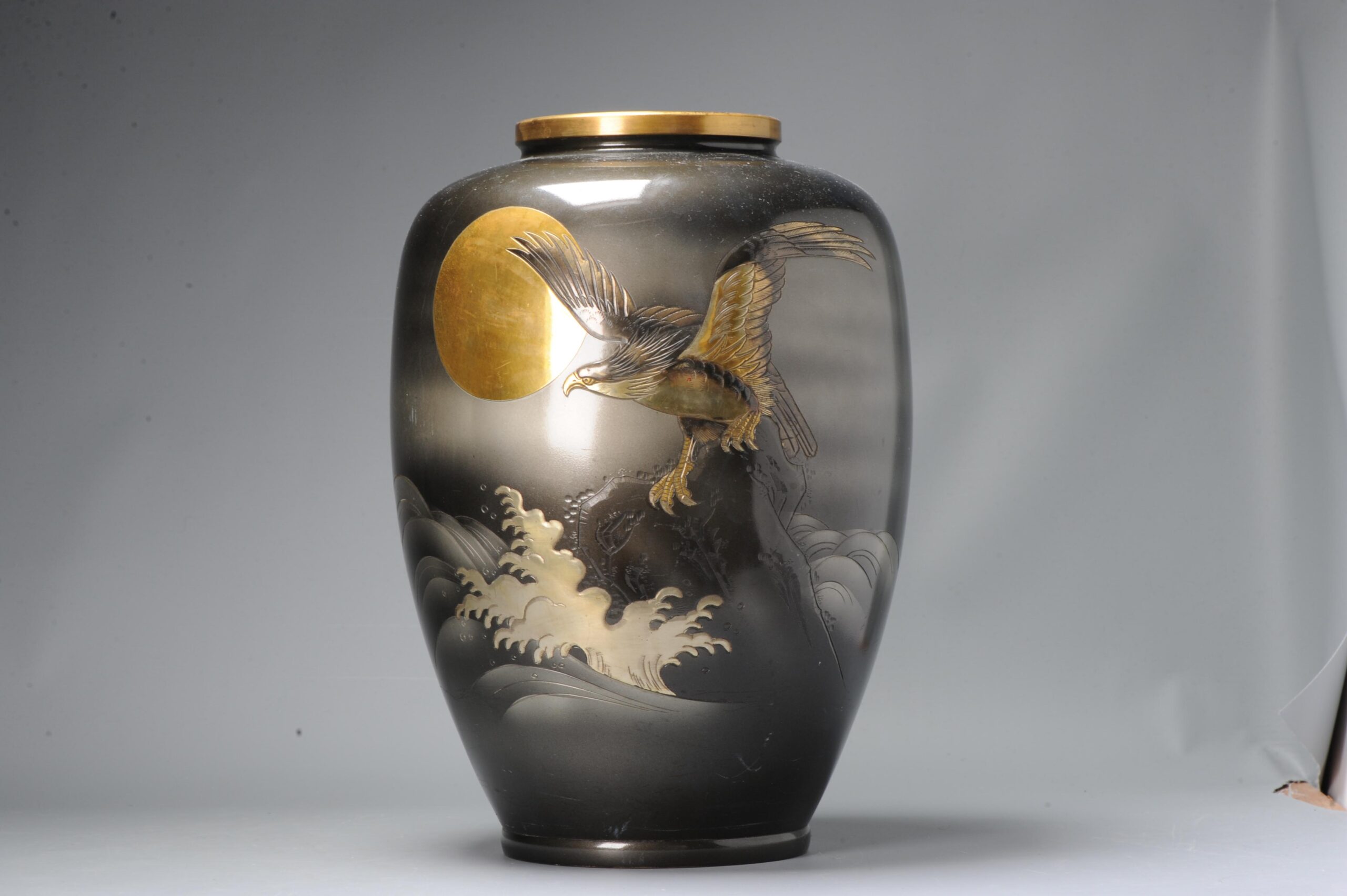 An inlaid shibuichi ovoid vase By Seifu, Meiji (1868-1912) or Taisho (1912-1926) era, early 20th
