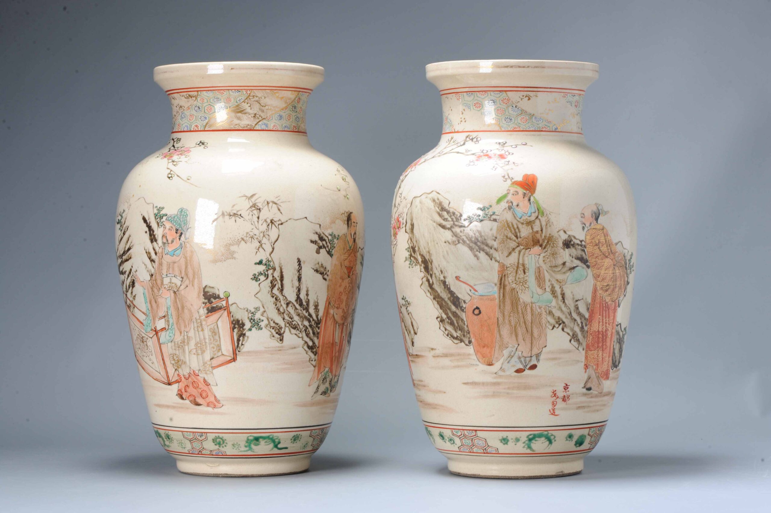 Pair Antique Meiji Japanese Satsuma Vases 19th century Japan Figural Marked