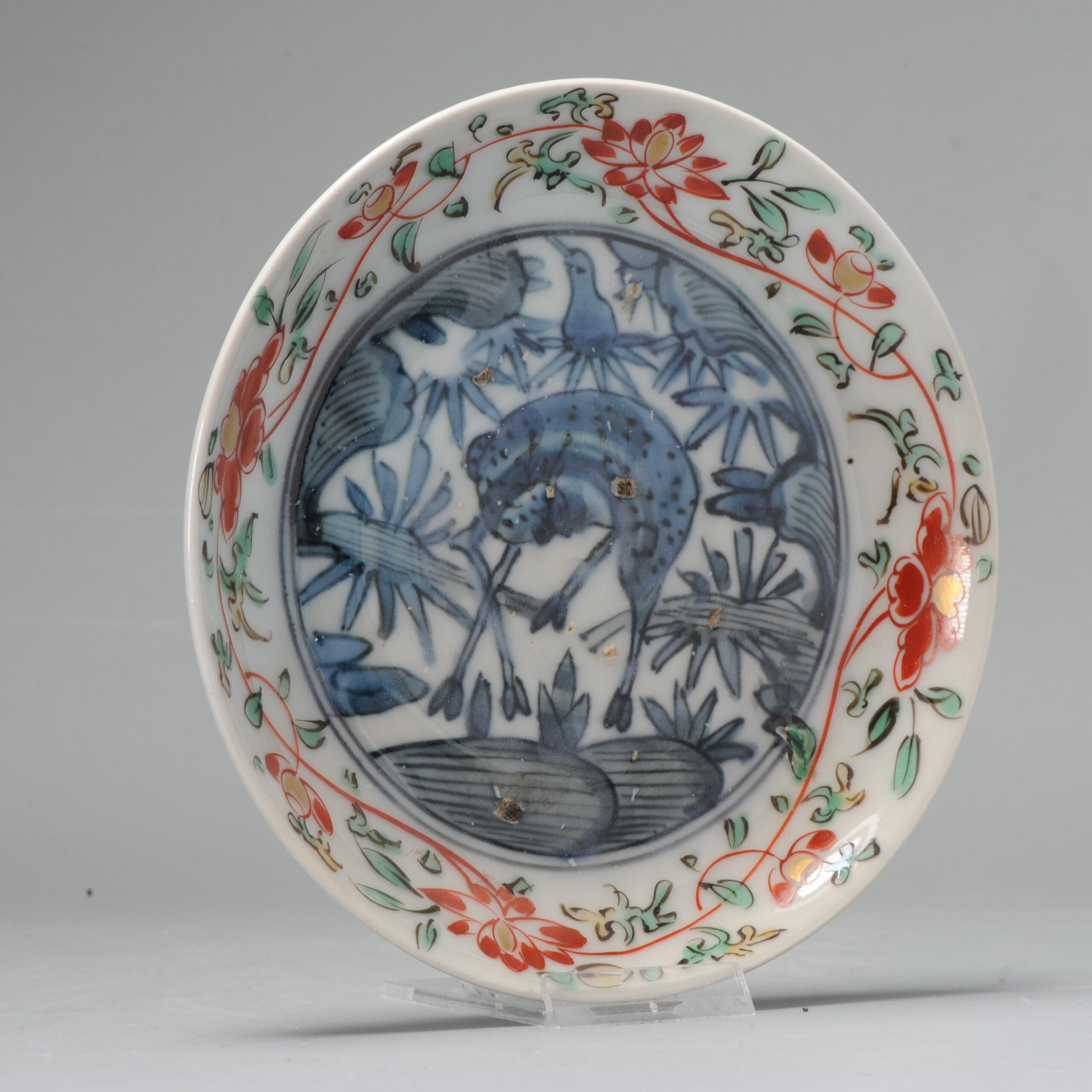 Antique Japanese Arita Porcelain Dish with added colors and Deer 18/19C Japan