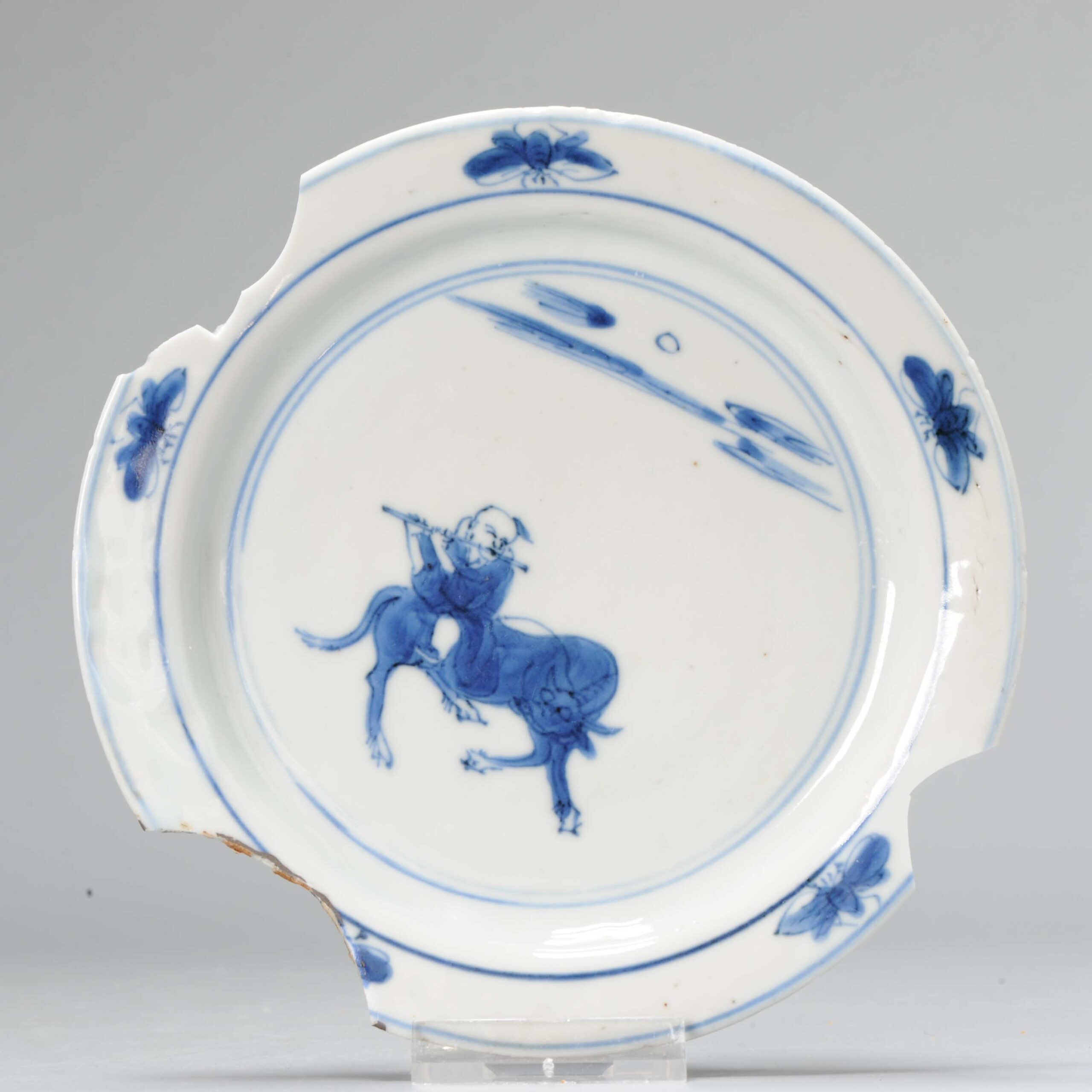 Antique 17c Ming period Kosometsuke Chinese Porcelain Dish Boy on Ox