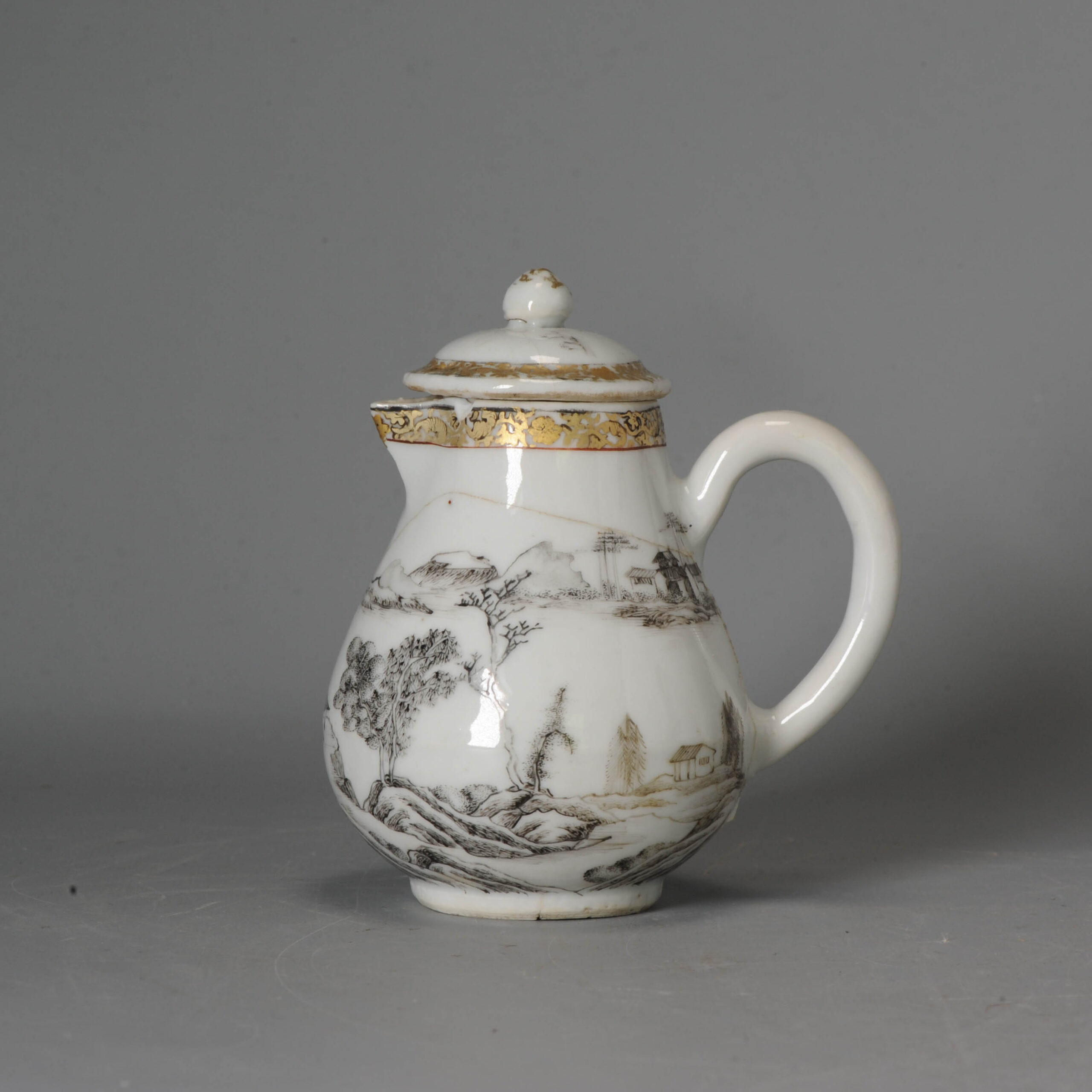 Antique 18C Chinese Porcelain Encre de Chine Grisaille Qianlong Jug Landscape