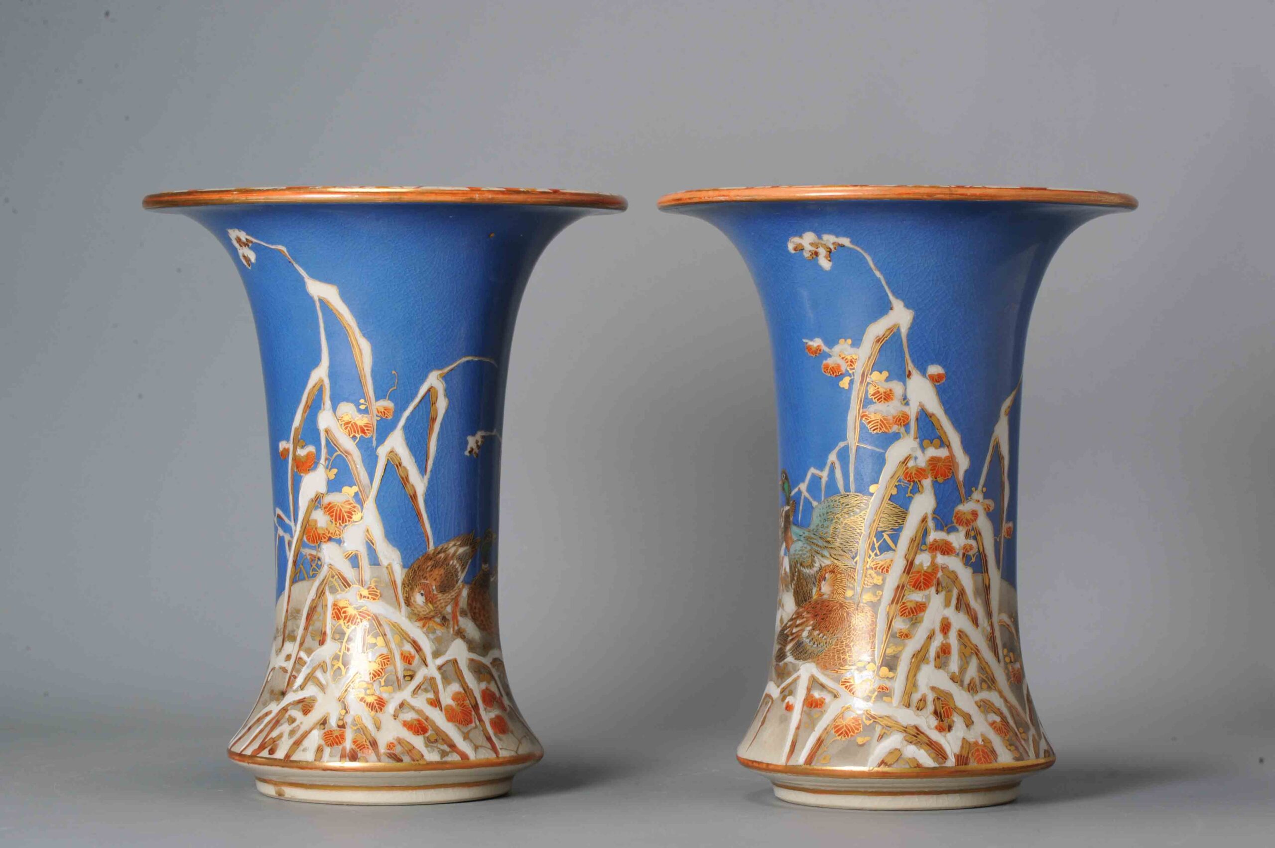 Pair  Antique Meiji Japanese Satsuma Vases 19C Japan with Blue glaze. Snow Landscape. Rare!