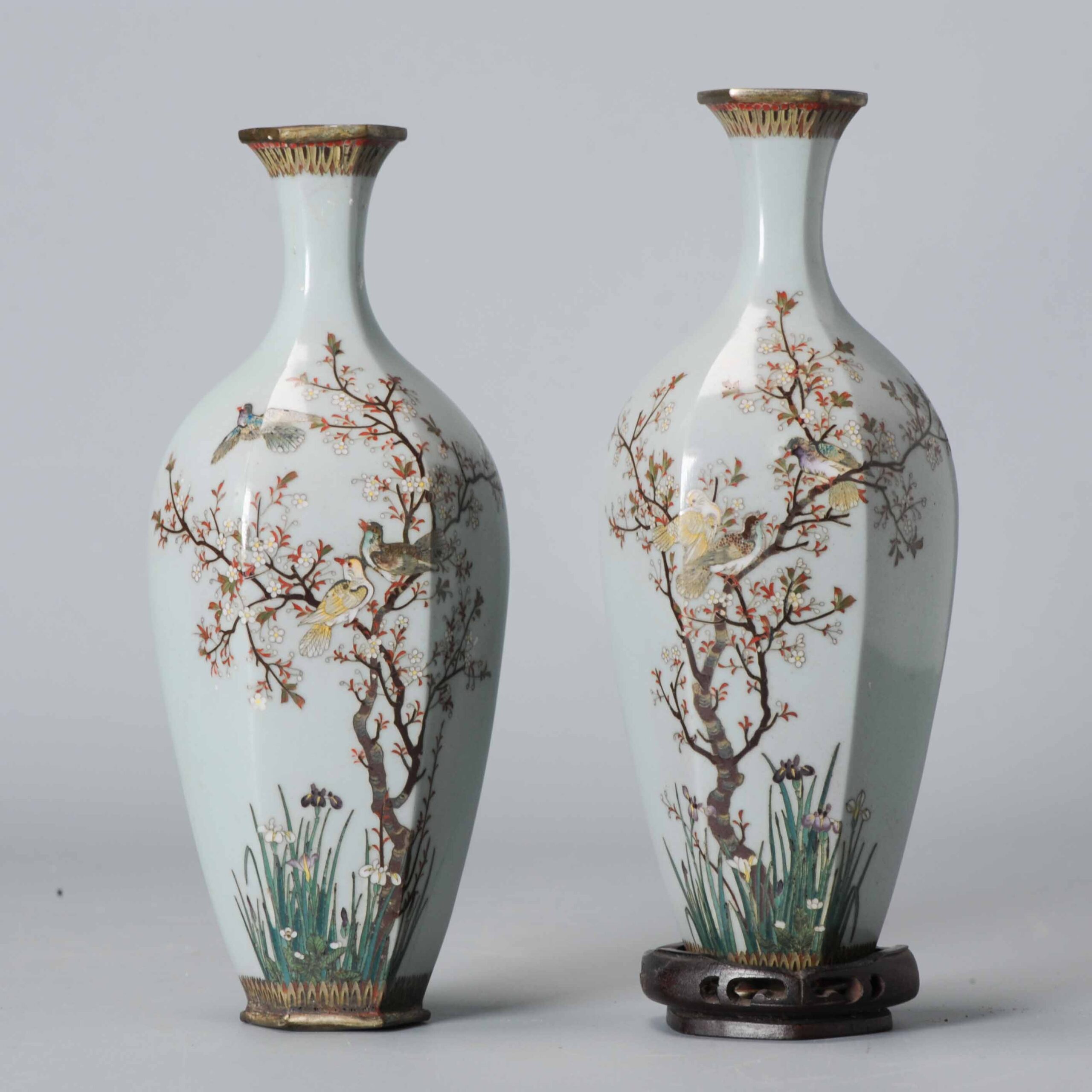 A Pair of Vases with flowers and Birds cloisonné enamel Meiji era (1868-1912)