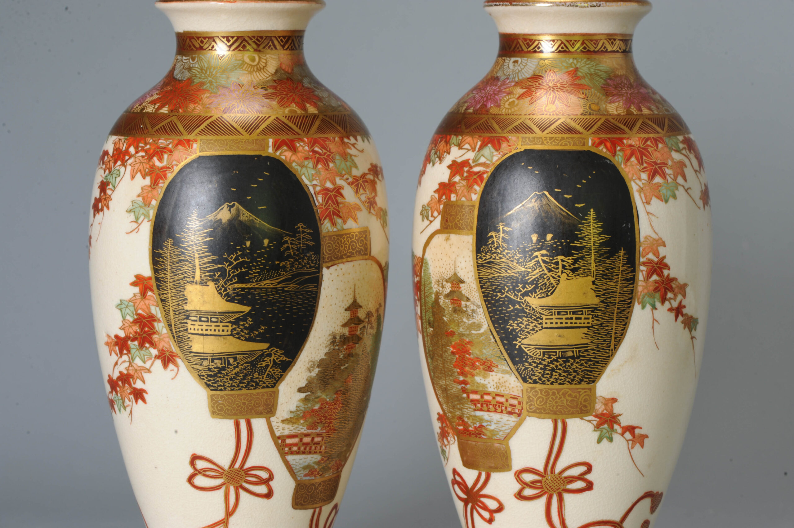 Pair Antique Meiji Japanese Satsuma Vases 19C Japan Black Millefiori Hayakawa