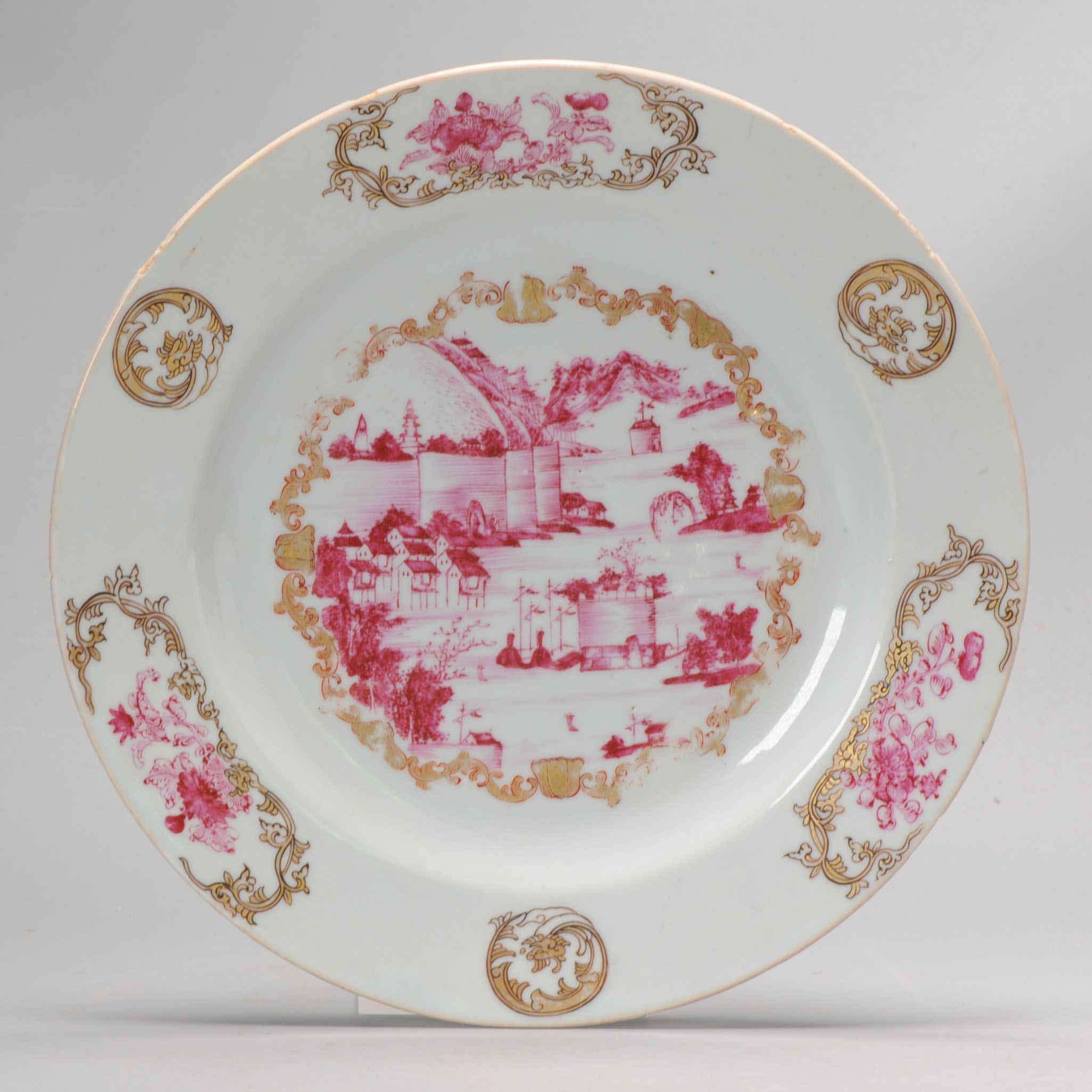 Antique Puce Qianlong Landscape Chinese Porcelain Dish Top Quality