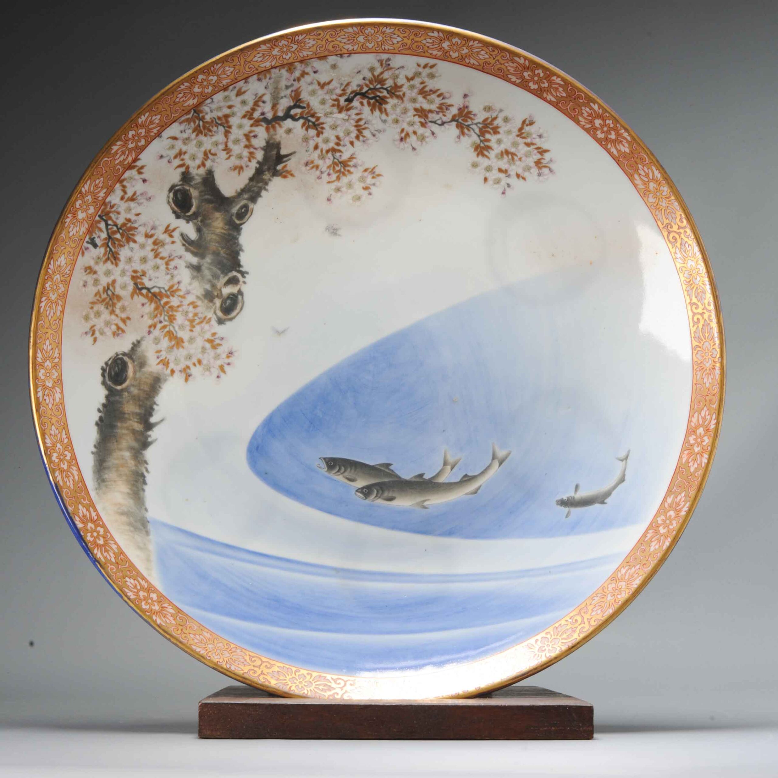 46.5CM Fine Art 19th c Period Koransha Japanese Porcelain Polychrome Plate Flowers
