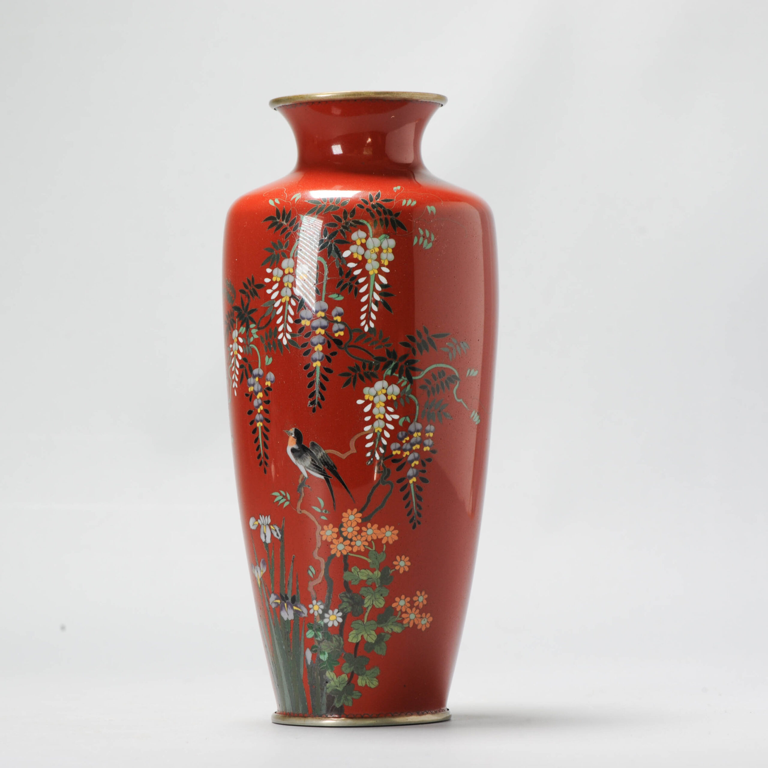 A Vase with Wisteria flowers and Bird on dark red  cloisonné enamel Meiji era (1868-1912)